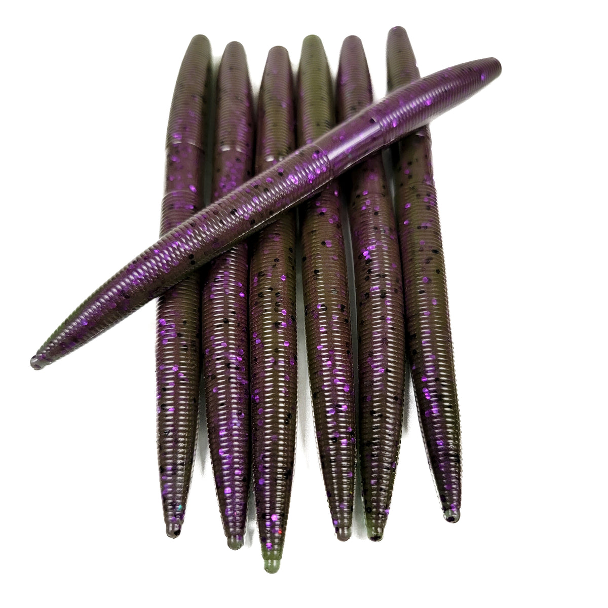Green Pumpkin Plum Swirl 5" Stick Worm (7pk) - 99 Strikes Fishing Co