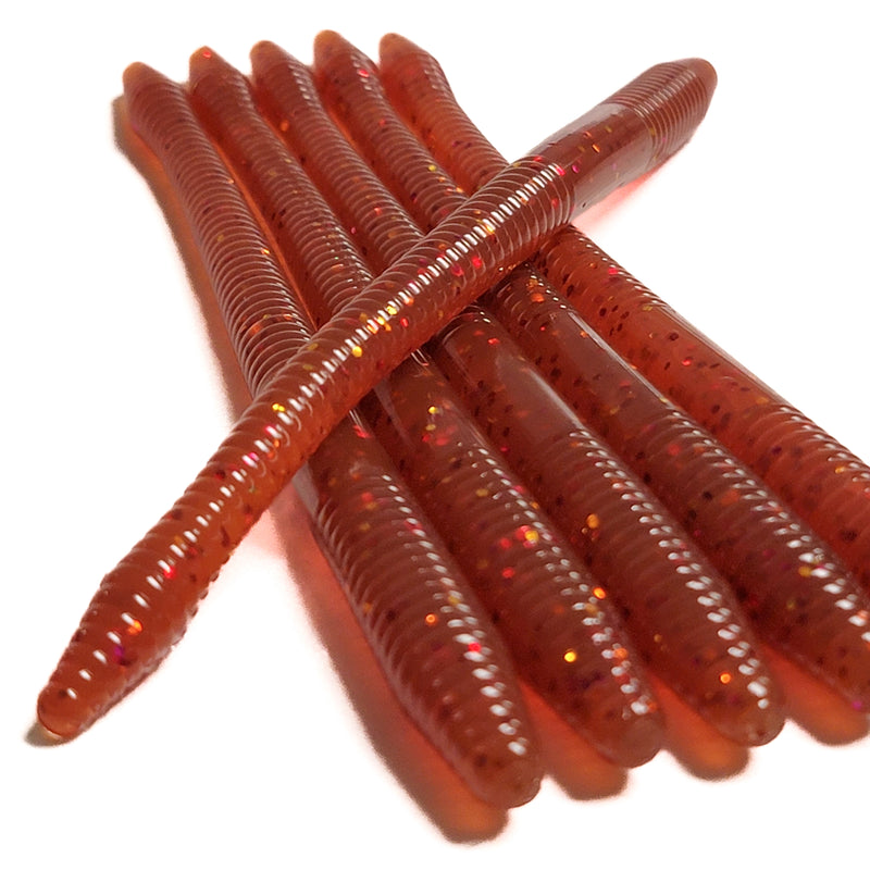 Root Beer Fire 6.25" Diamond Tail Worm (6pk) - 99 Strikes Fishing Co