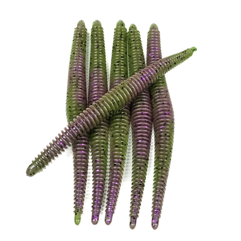 Green Pumpkin Plum Swirl 6" Ribbed Worms (6pk) - 99 Strikes Fishing Co