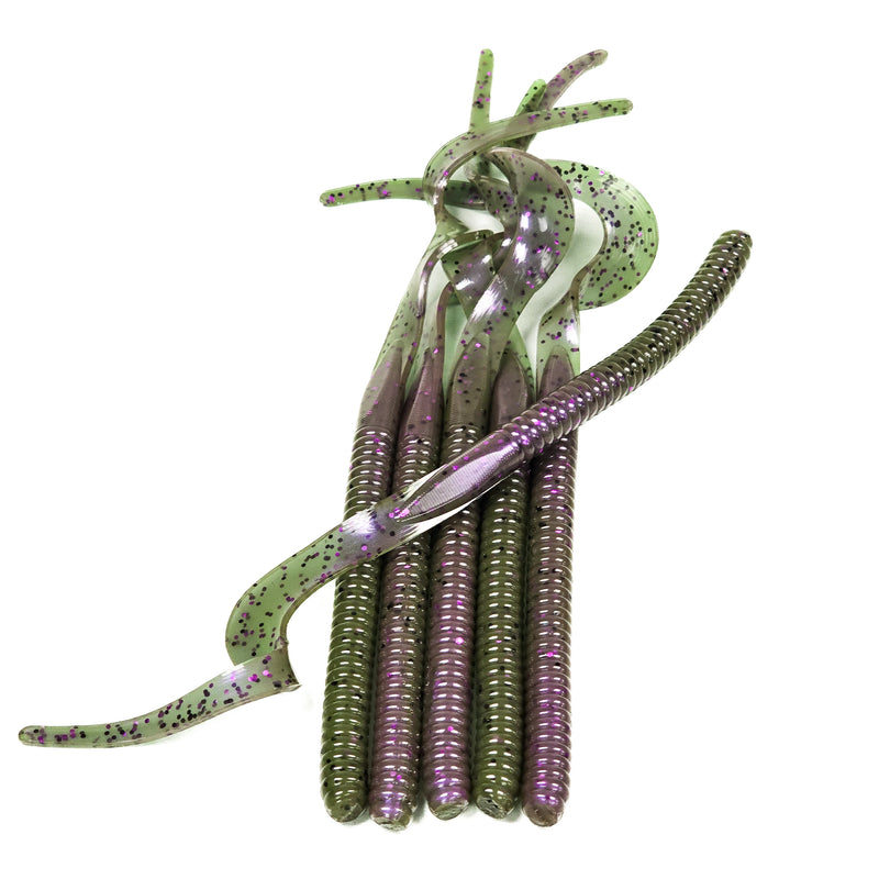 Green Pumpkin Plum Swirl 10" Ribbon Tail (6 pk) - 99 Strikes Fishing Co