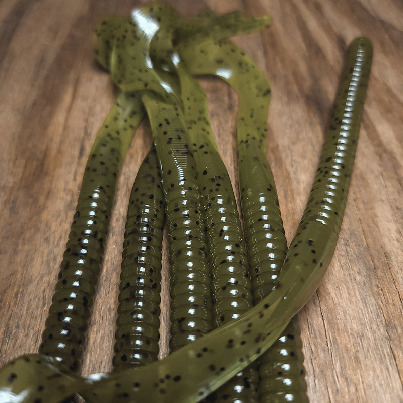 10" Green Pumpkin Ribbon Tail Worm (6 pk) - 99 Strikes Fishing Co