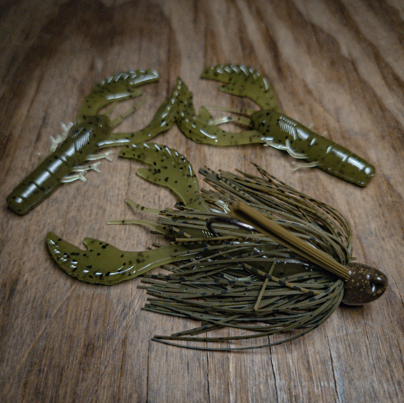 Green Pumpkin Grasshopper Brush Jig w/ Matching Craws - 99 Strikes Fishing Co