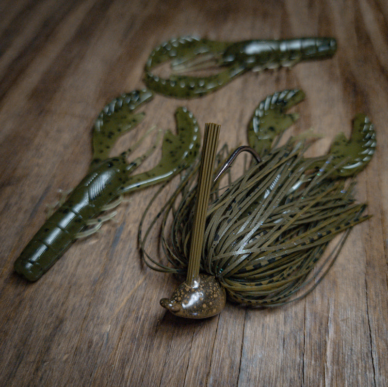 Green Pumpkin Grasshopper Grass Flipping Jig w/ Matching Craws - 99 Strikes Fishing Co