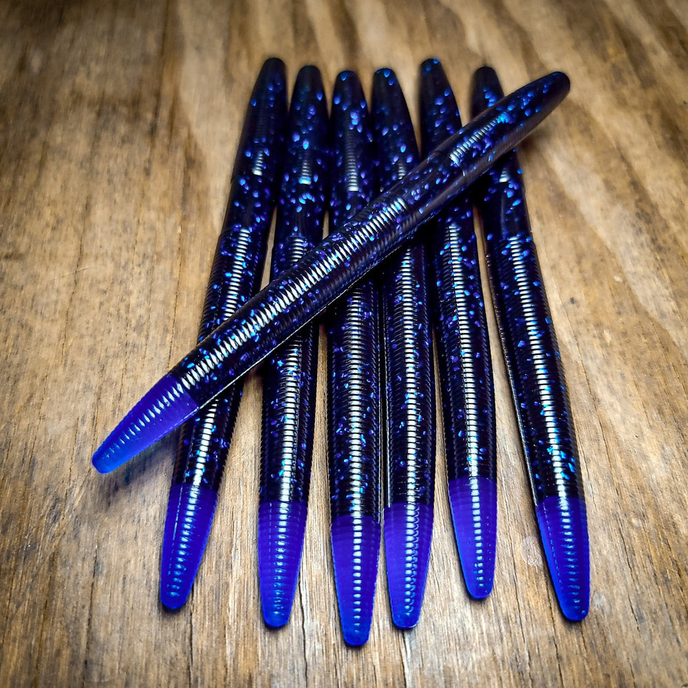 blue worm with green speckles fishing lure Black and Blue with Flippin Blue Tip 5" Stick Worms (6pk) – 99 Strikes  Fishing Co